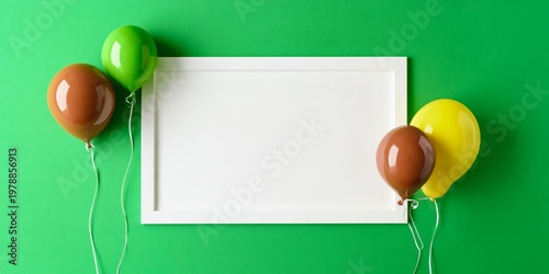 Colorful Balloons and a Blank Frame on a Bright Green Background