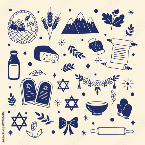 A blue and white illustration featuring harvest religious and autumnal themed objects
