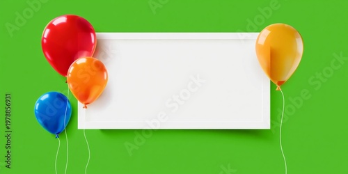 Colorful Balloons and a Blank Frame on a Bright Green Background