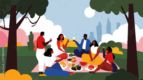 Gathering of Friends Enjoying Picnic in City Park With Bright Sky and Trees i...