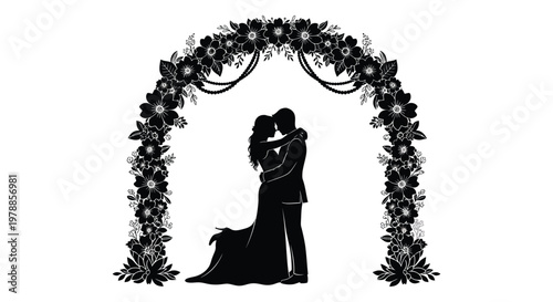 A couple embraces tenderly beneath a floral archway creating a romantic and intimate scene silhouette high quality professional detailed modern