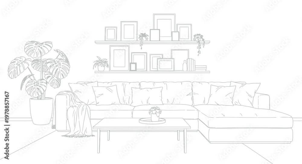 Obraz premium A minimalist living room featuring a sectional sofa coffee table and shelving with framed artwork