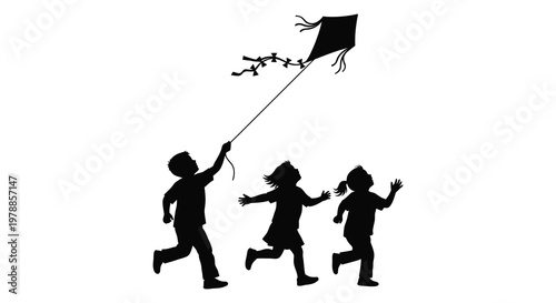A joyful scene depicts children running and flying a kite against a blank background showcasing a striking silhouette high quality professional