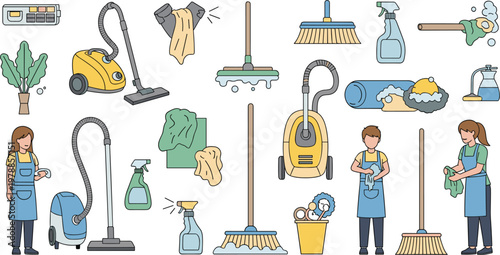 Professional Housekeeping And Cleaning Service Vector Set Featuring Male And Female Janitors Vacuum Cleaners Mops Spray Bottles And Sanitation Tools For Domestic Maintenance Graphic Designs