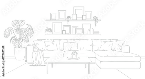 A minimalist living room featuring a sectional sofa coffee table and shelving with framed artwork