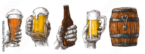 llustration of Various Beer Containers Including Bottles, Barrels, and Mugs with Frothy Beverage