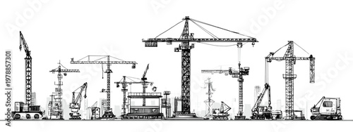 Construction Site Silhouette with Cranes and Various Buildings in Urban Landscape