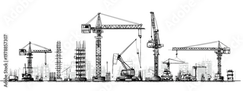Construction Site Silhouette with Cranes and Various Buildings in Urban Landscape