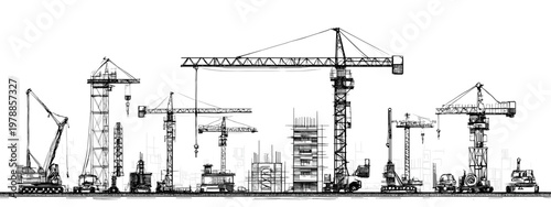 Construction Site Silhouette with Cranes and Various Buildings in Urban Landscape