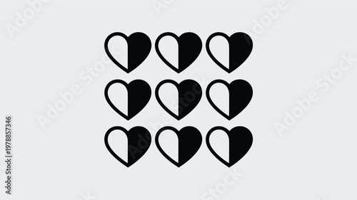 Set of nine minimalist black and white heart shapes for love, romance, and Valentine's Day designs