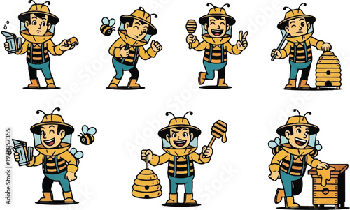 Cartoon beekeeper illustrations with bees and honeycombs