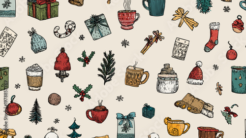 Colorful Winter Holiday Pattern Featuring Mugs, Cups, Snowman, and Christmas Elements