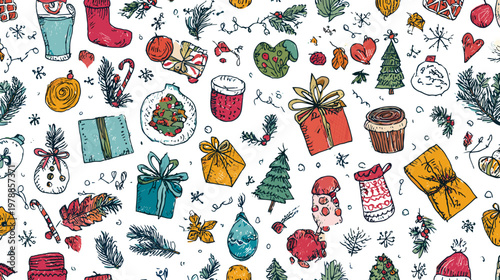 Colorful Winter Holiday Pattern Featuring Mugs, Cups, Snowman, and Christmas Elements