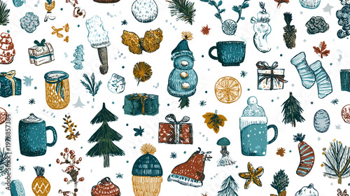 Colorful Winter Holiday Pattern Featuring Mugs, Cups, Snowman, and Christmas Elements