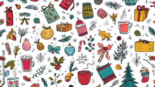 Colorful Winter Holiday Pattern Featuring Mugs, Cups, Snowman, and Christmas Elements