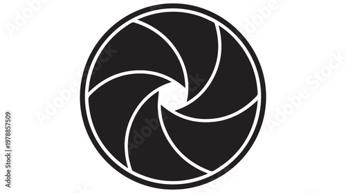 Minimalist black and white camera aperture icon with spiral blades and abstract design