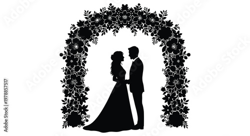 A romantic couple embraces beneath a floral archway presented as a striking black silhouette high quality professional detailed modern elegant stylish