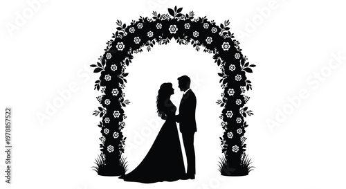 A romantic couple embraces beneath a floral archway a striking black silhouette high quality professional detailed modern elegant stylish clean crisp