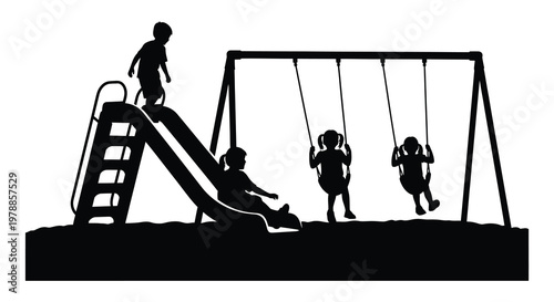 A black silhouette depicts children playing on a playground with a slide and swings showcasing joyful activity silhouette high quality professional