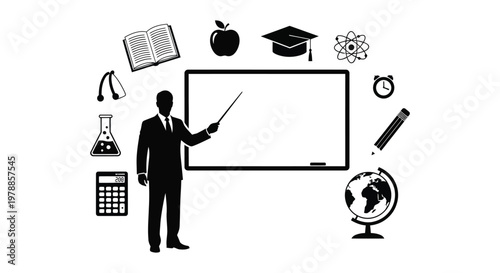 A black silhouette of a teacher presenting to a whiteboard surrounded by educational icons and symbols silhouette high quality professional detailed