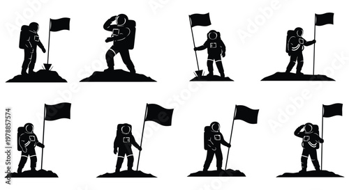 A sequence displaying an astronaut planting flags on a lunar surface evolving through different poses silhouette high quality professional detailed modern