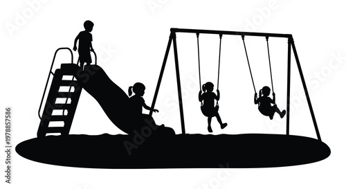 A black silhouette depicts children playing on a swing set and slide in a park setting silhouette high quality professional detailed