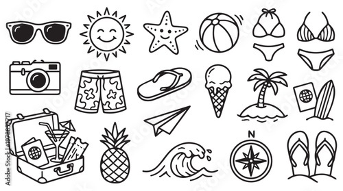 Flat design summer vacation icons set with travel accessories, beach essentials, and seasonal symbols