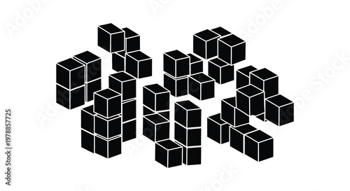 An isometric arrangement of black cubes creates a complex abstract form exhibiting a striking silhouette high quality professional detailed modern elegant