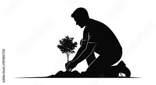A man kneels to plant a small tree carefully tending to new life against a bright background silhouette high quality professional