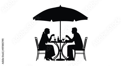 A couple enjoys a meal at an outdoor cafe table under a parasol rendered as a striking silhouette high quality professional