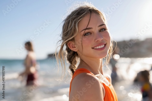 Child Smiles at the Beach During a Sunny Day With People in the Background