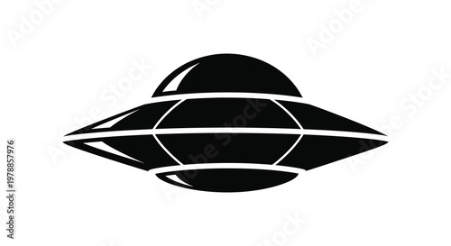 A striking black silhouette of a classic flying saucer shape against a white background evoking science fiction themes silhouette high quality