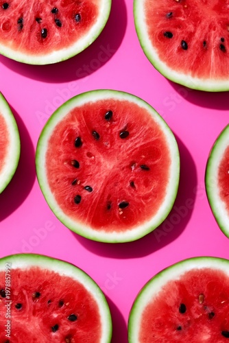 Slices of Watermelon Arranged on a Pink Surface in a Casual Display During Da...
