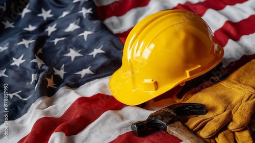 Construction Tools Rest on an American Flag in a Work Setting During the Day