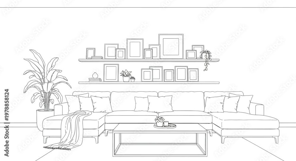 Obraz premium A minimalist living room interior features a sectional sofa shelving and framed artwork in line art