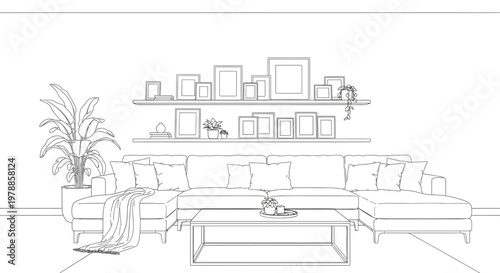 A minimalist living room interior features a sectional sofa shelving and framed artwork in line art