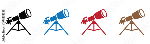 Set of four colorful vintage telescopes on tripods isolated on white background