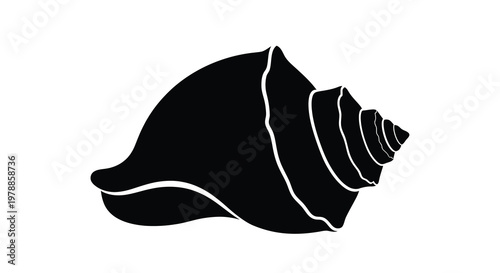 A striking black silhouette of a spiral seashell on a white background