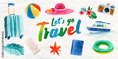 Bright Travel Elements With Suitcase, Camera, and Beach Items for Summer Fun