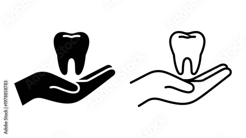 Dental care concept icon set showing tooth held in palm for oral health and dentistry services in vector