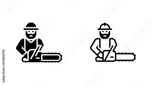 Lumberjack with chainsaw icon set in solid black and outline style for forestry and logging industry