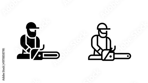 Lumberjack with chainsaw icon set in solid black and outline style for forestry and logging industry