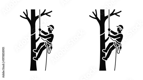 Arborist tree climbing icon set showing professional worker with ropes and harness in black vector style