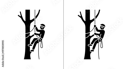 Arborist tree climbing icon set showing professional worker with ropes and harness in black vector style