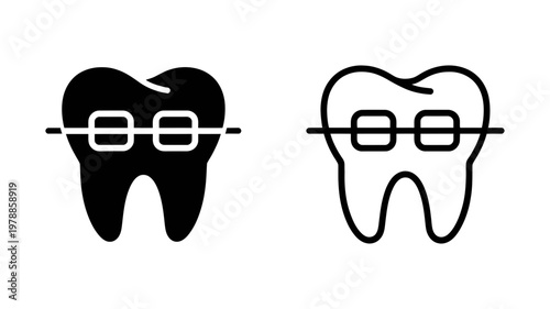 Orthodontic tooth braces icon set featuring dental alignment hardware in solid and outline vector graphics