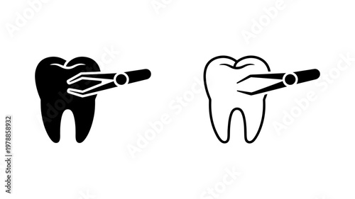 Dental tooth extraction icon set featuring dental tweezers and tooth in solid and outline vector graphics
