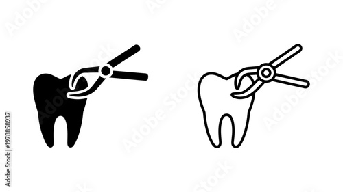 Dental tooth extraction icon set featuring dental pliers and tooth in solid and outline vector graphics
