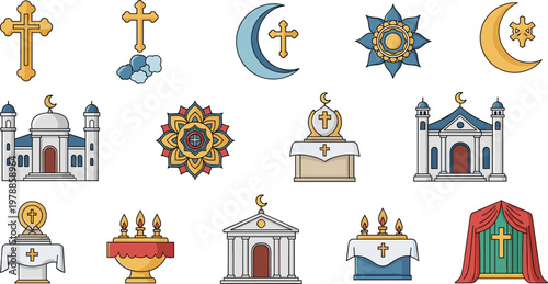 Religious And Spiritual Symbol Vector Set Featuring Christian Crosses Islamic Crescents Church Buildings And Sacred Ornaments For Faith Theology Global Religions And Worship Graphic Designs