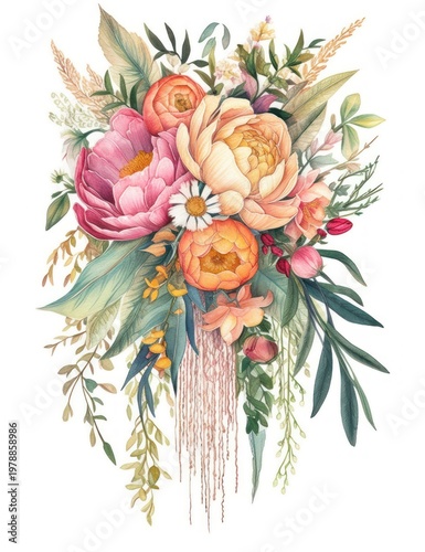 A Watercolor Painting of a Bouquet of Flowers with a Mix of Pink, Orange, and Yellow Blooms