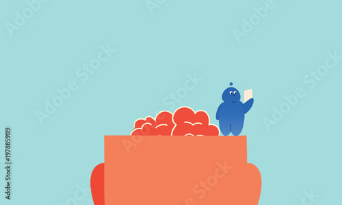 Mental health support concept illustration. Cute character interacting with brain symbol, representing therapy, self-help, learning and emotional healing. Modern minimal flat design for psychology, co